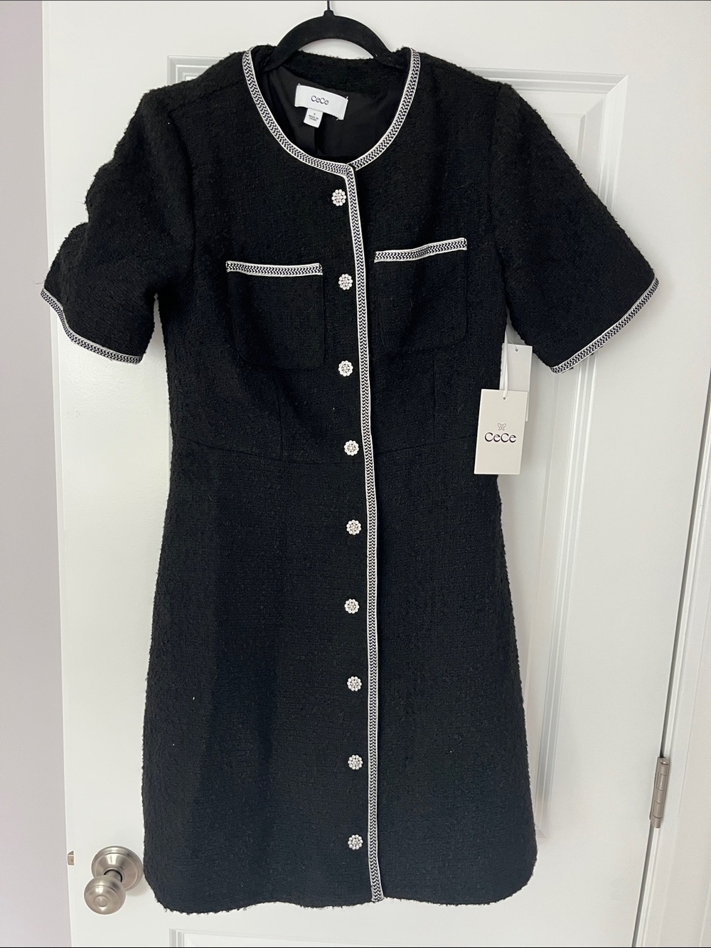 CeCe Black Tweed Mini Dress with Silver Trim and Buttons 6